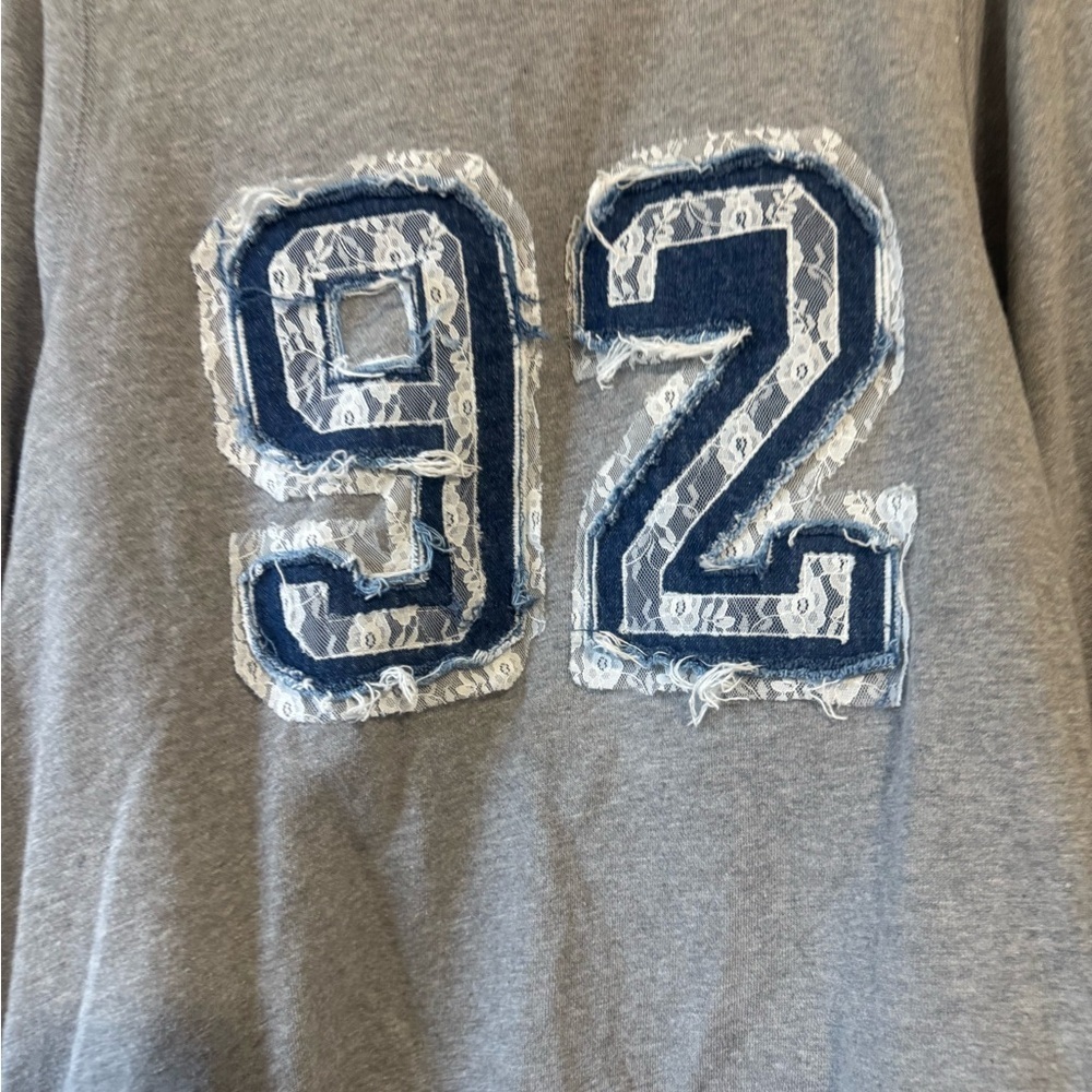 Anthropologie Pilcro Gray Sweatshirt with Blue Number lace Design size small - Picture 4 of 8